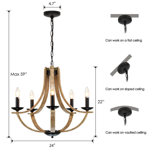 24" 5-Light Faux Wood and Metal Chandelier