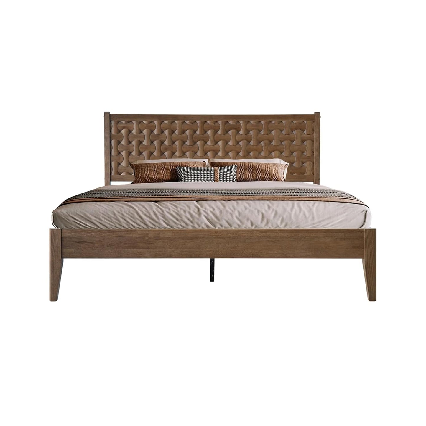 Wood Bed with Carved Headboard