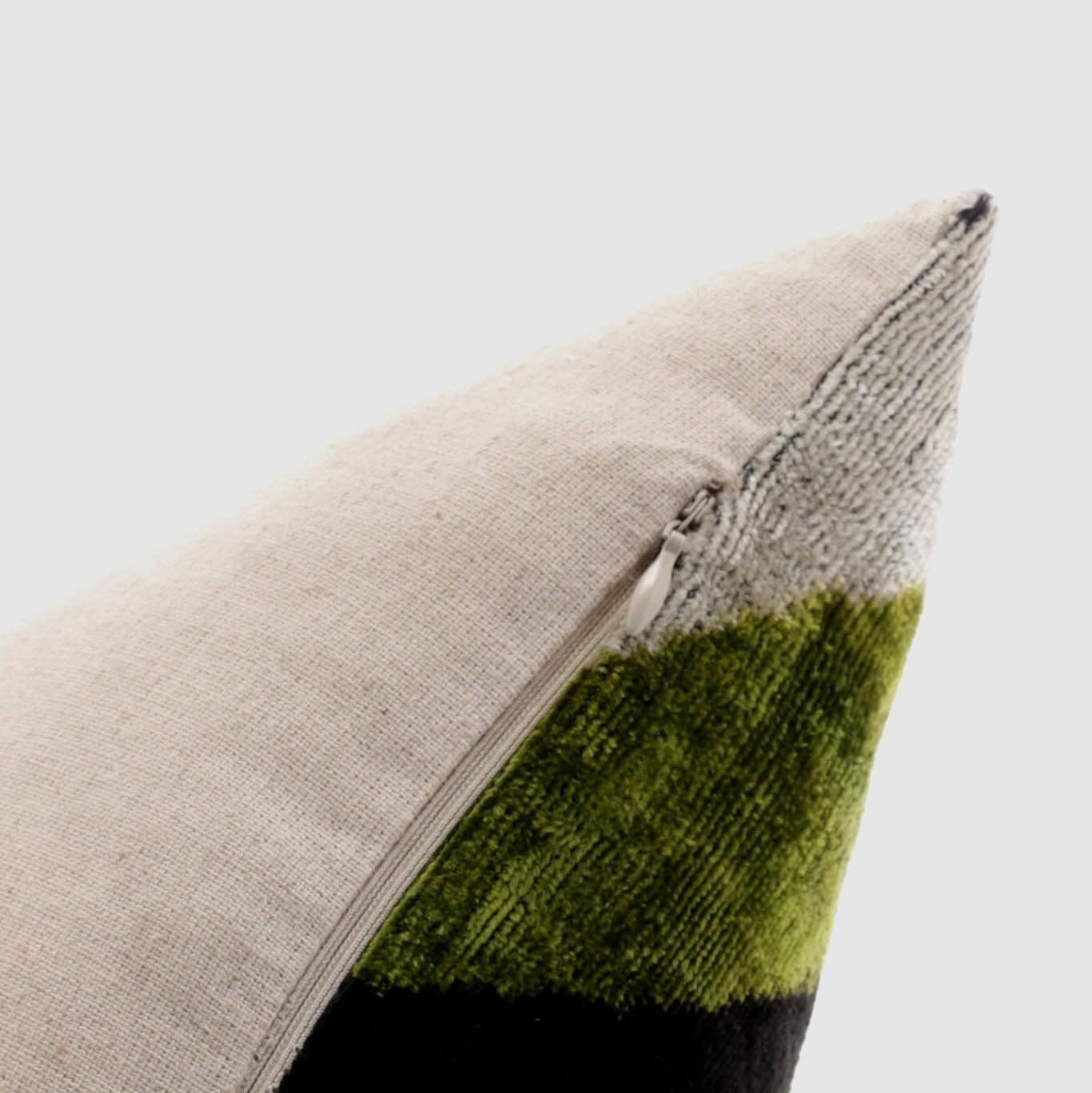 Canvello Handmade Silk Velvet Pillow - 16x16 Inch, Down Feather Filled, Organic Vegetable Dyed - Green & Blue Striped Pattern