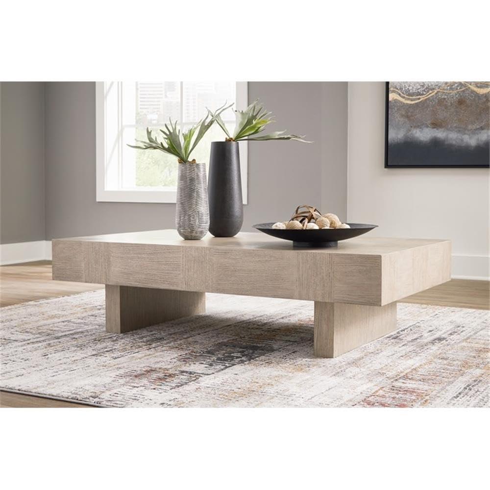 BOWERY HILL Modern Coffee Table, 60" W x 35" D x 16" H, Hardwood Solids and Oak Veneer, Light Grayish Brown Finish, Rectangular Design, Double Plinth Base, Transitional Living Room Table