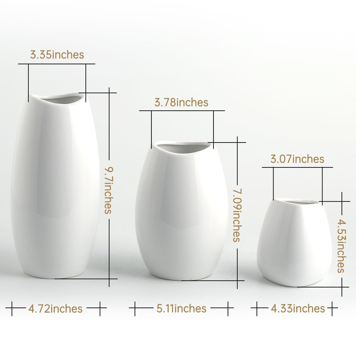White Ceramic Vases, Set of 3