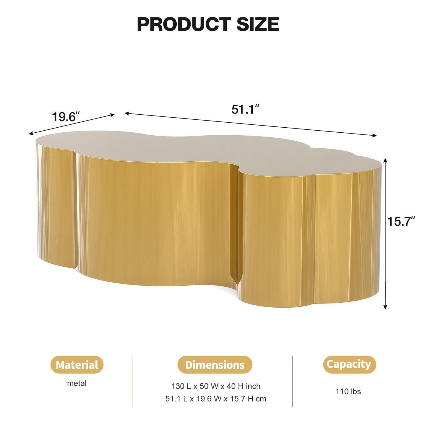 IKIFLY Modern Gold Stainless Coffee Table, Large Cloud Fashion Design Accent Table for Living Room Bedroom