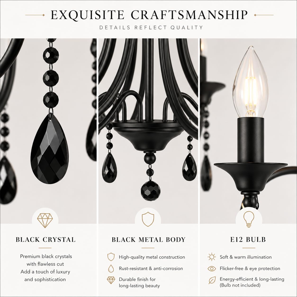 Glyphglow 23.6" Classic Traditional Black Crystal Chandelier Light Fixture