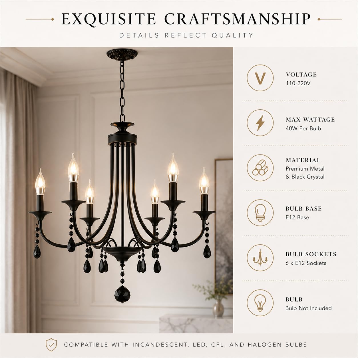 Glyphglow 23.6" Classic Traditional Black Crystal Chandelier Light Fixture