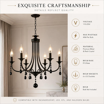 Glyphglow 23.6" Classic Traditional Black Crystal Chandelier Light Fixture