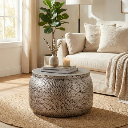 Albany Living Modern Round Aluminum Hammered Embossed Texturing, Metal Drum Coffee Table with Removable Lid for Storage,Fully Assembled, for the Living Room and Bedroom, Gray