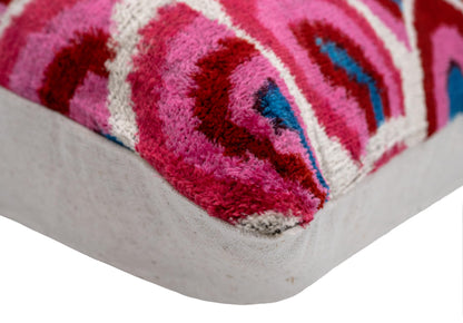 CANVELLO Handmade Velvet Throw Pillow with Down Feather Insert - 16x24 Inches, Geometric Swirl Pattern in Vibrant Pink, Red, and Blue, Soft Decorative Cushion