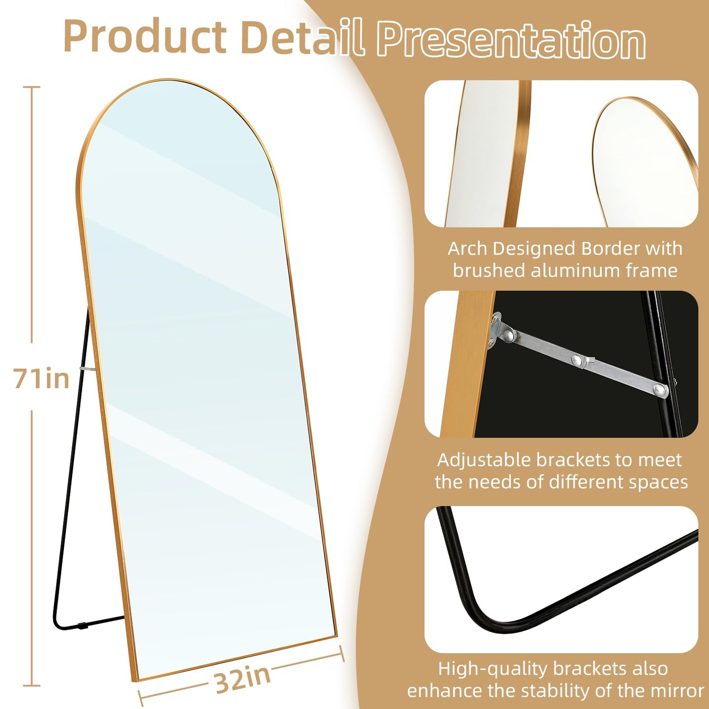 ZHUNFA Arched Full Length Mirror, 71x32 Oversized Floor Mirror with Stand