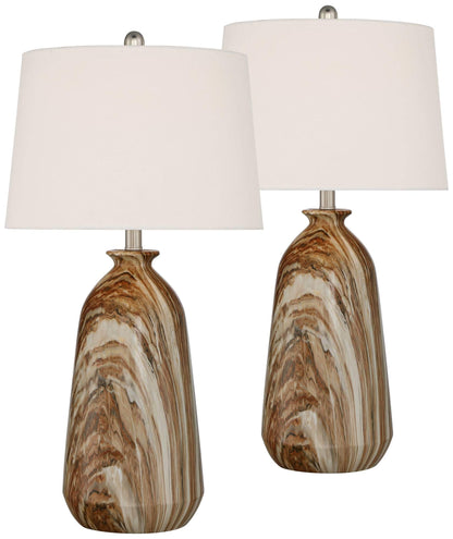 360 Lighting Carlton Modern Rustic Southwestern Table Lamps 28" Tall Set of 2 Swirling Brown Faux Marble White Tapered Drum Shades for Living Room Bedroom House Bedside Nightstand Home