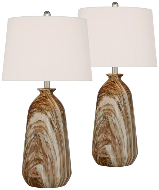 360 Lighting Carlton Modern Rustic Southwestern Table Lamps 28" Tall Set of 2 Swirling Brown Faux Marble White Tapered Drum Shades for Living Room Bedroom House Bedside Nightstand Home