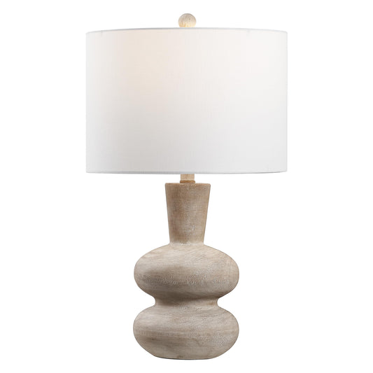 JONATHAN Y 24" Antique Brown Modern Minimalist Sculptural Oak-Grain Resin LED Table Lamp for Living Room Bedroom, White Linen Drum Shade, LED Bulb Included JYL5708A