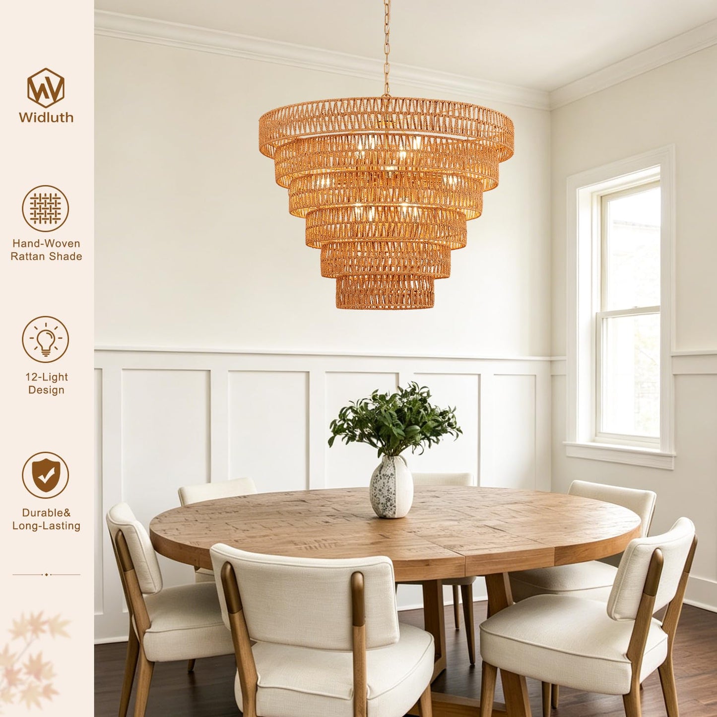 Widluth 31.5" Large Gold Rattan Chandelier, 12-Light Hand-Woven 6-Tier
