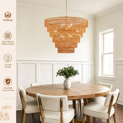 Widluth 31.5" Large Gold Rattan Chandelier, 12-Light Hand-Woven 6-Tier