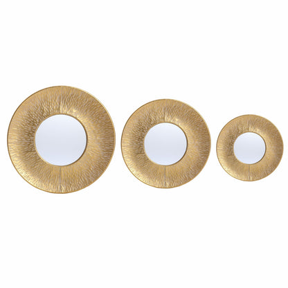 LuxenHome 3 Piece Gold Metal Round Wall Mirror Set Boho Wall Hanging Mounted Mirror,Rattan Mirror Suitable for Farmhouse, Living Room, Bedroom and Bathroom