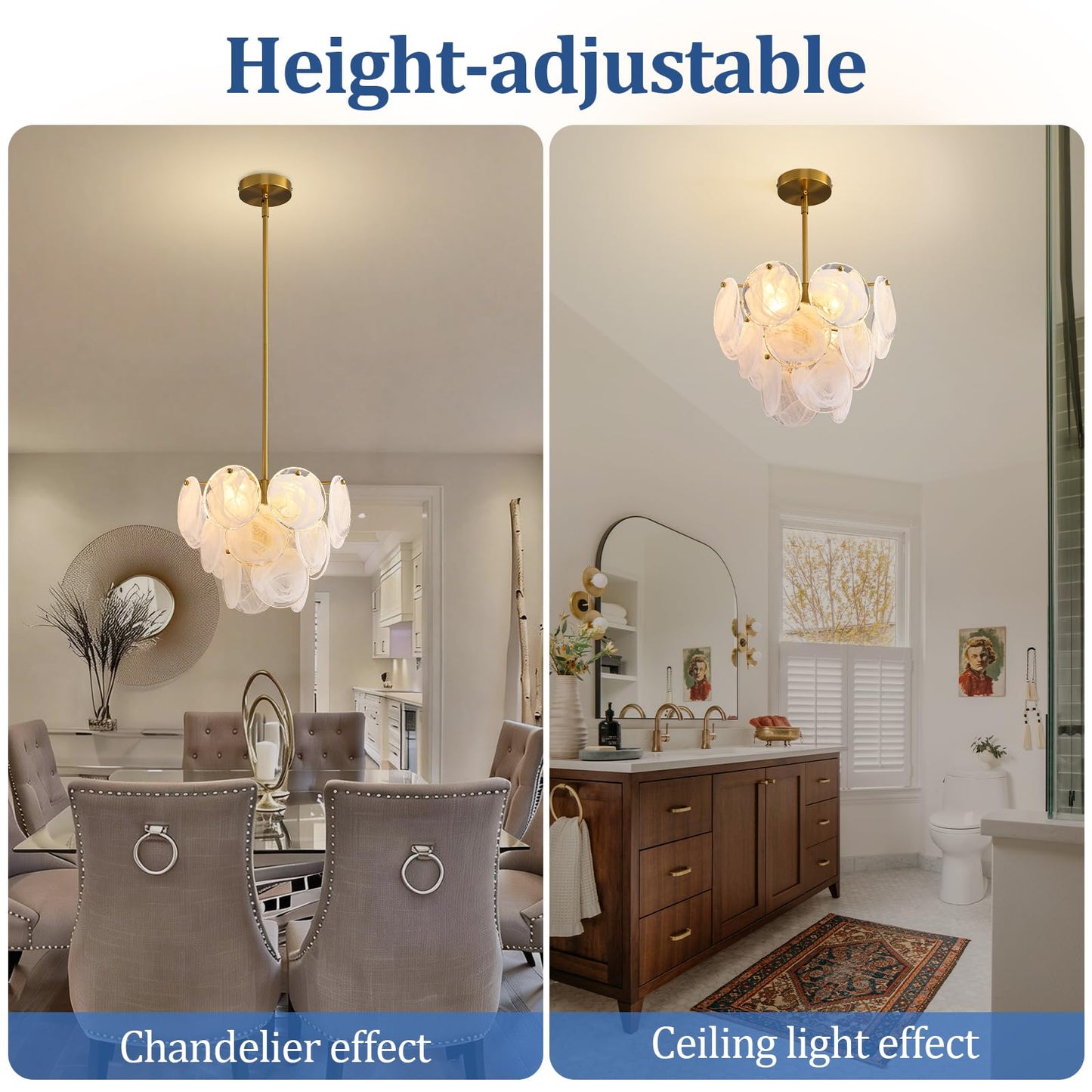 Giawosth Modern Gold Glass Chandelier, 4-Light Crystal Ceiling Pendant, Round Adjustable Hanging Fixture for Dining Room, Living Room, Bedroom, Foyer, G9 Base