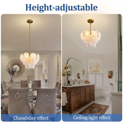 Giawosth Modern Gold Glass Chandelier, 4-Light Crystal Ceiling Pendant, Round Adjustable Hanging Fixture for Dining Room, Living Room, Bedroom, Foyer, G9 Base