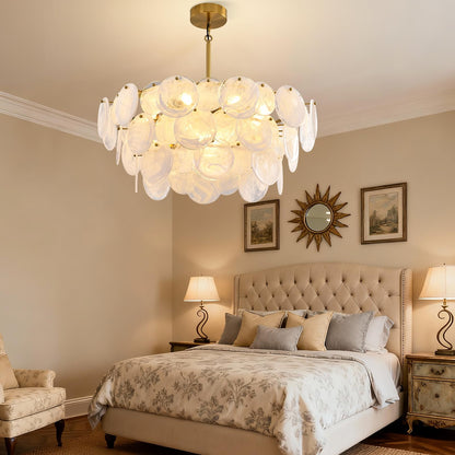 Large Gold Modern Glass Chandelier, 31.5-inch Round Adjustable Height Hanging Light Fixtures with Cloud Glass Shade, Luxury Hanging Fixture for Living Room, Foyer, Bedroom, E12 Base Crystal Lighting