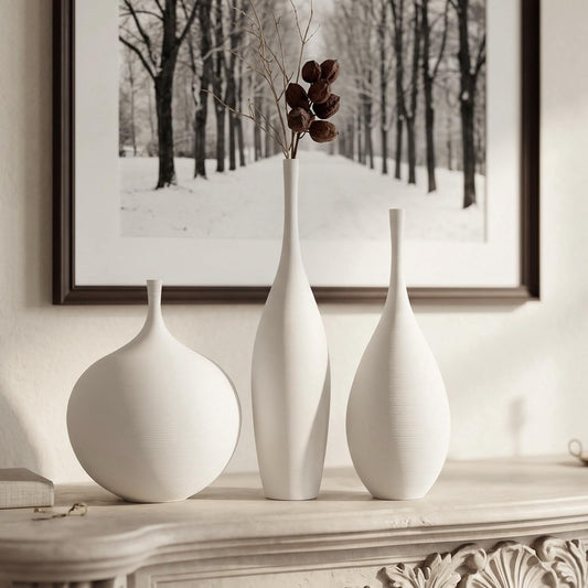 White Ceramic Vases, Set of 3