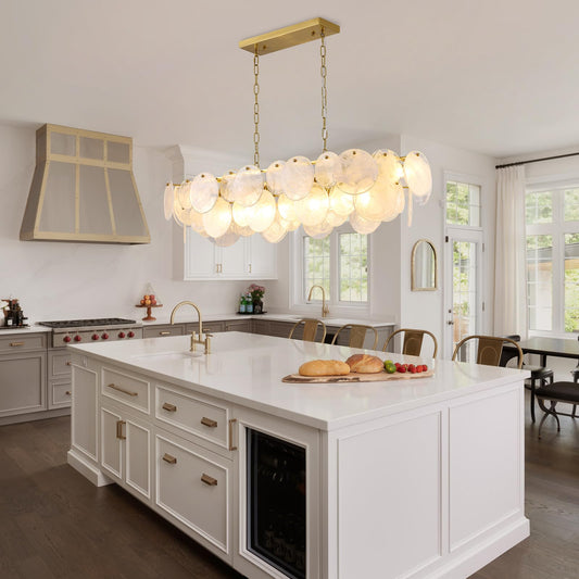 Giawosth Modern Glass Chandelier, L43.31'' Rectangular Brushed Brass Gold Chandeliers, 12-Light Cloud Pendant Fixture Large Oval Pendant Ceiling Light Fixture for Dining Room, Kitchen Island, E12