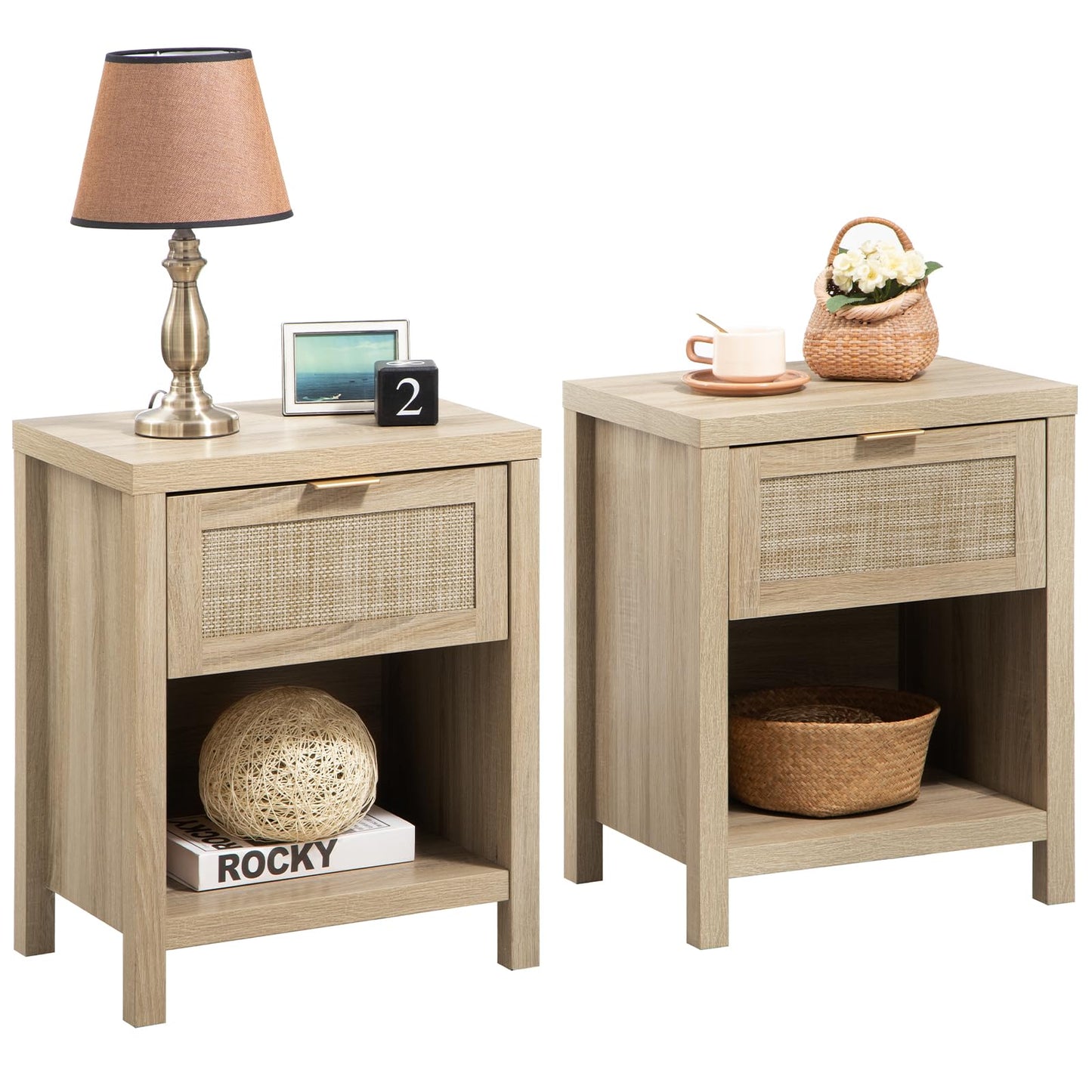 15" Oak Wood Nightstands with Rattan Drawers, Set of 2