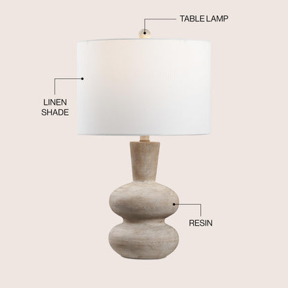JONATHAN Y 24" Antique Brown Modern Minimalist Sculptural Oak-Grain Resin LED Table Lamp for Living Room Bedroom, White Linen Drum Shade, LED Bulb Included JYL5708A