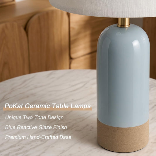 PoKat 24'' Farmhouse Blue Table Lamps Set of 2 for Living Room, Ceramic Boho Bedside Lamps for Bedroom, Modern Nightstand Lamps with Two-Tone Design for Guest Rooms, Side End Tables Entryway, Blue
