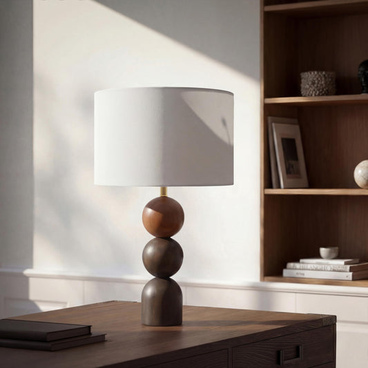 Abani Noa Stacked 23” Table Lamp – Brown Wood Base with White Linen Cylinder Shade, E26 2-Way Bulb Included – Modern Bedside Lamp for Bedroom, Living Room or Nightstand