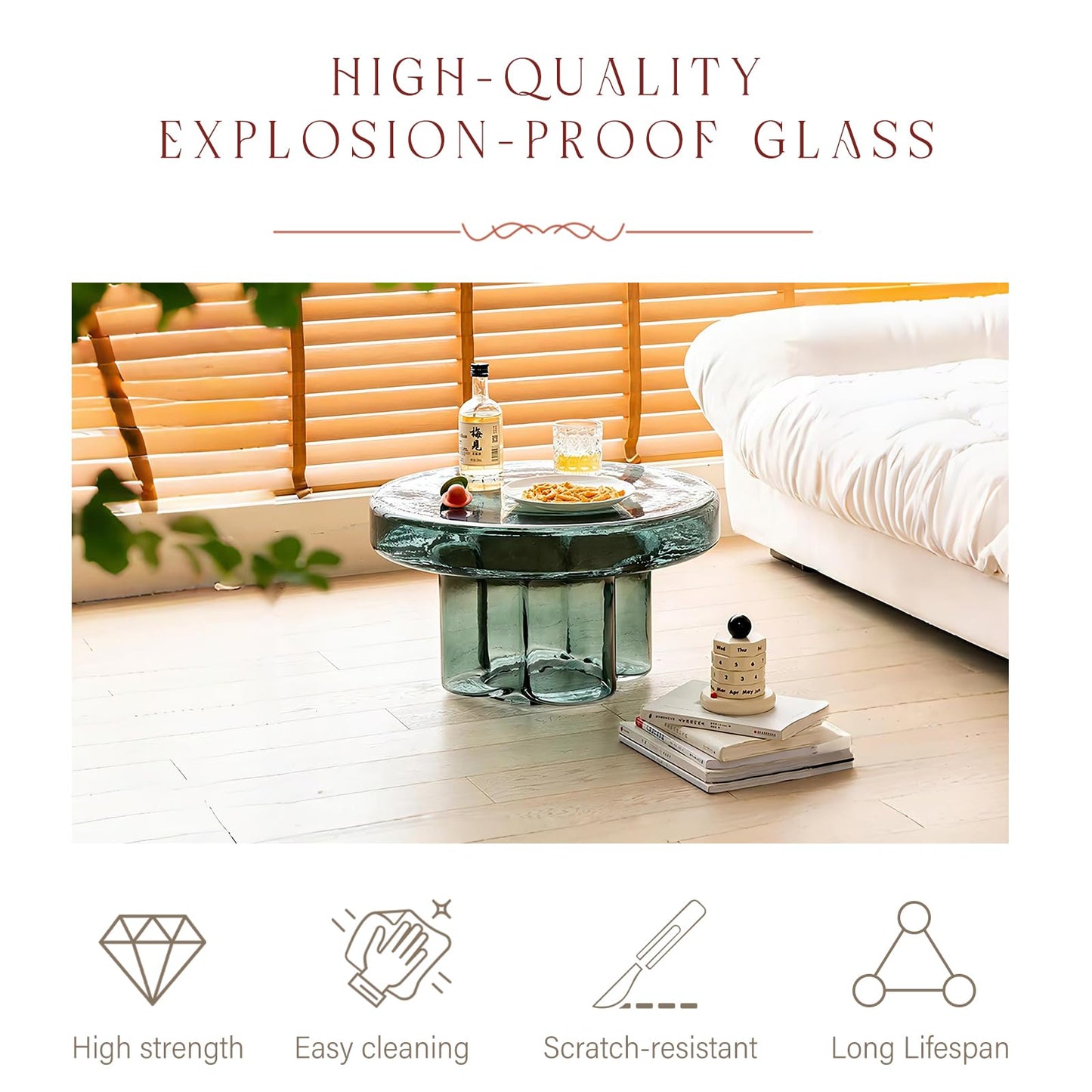 CAROCC Coffee Table, Round Glass Side Table for Living Room, Modern Small End Table with Tempered Glass Top (Grey Green, 14.96") (Green, 21.65in*12.6in)