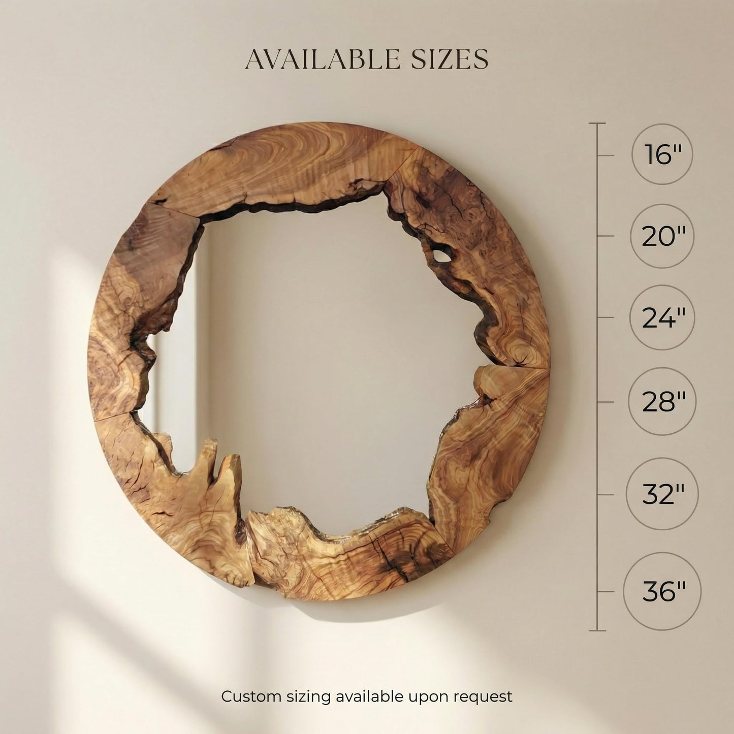 Live Edge Olive Wood Mirror - Round Rustic Wall Decor for Entryway & Bathroom, Solid Wood Circle Mirror, Organic Modern Farmhouse Aesthetic, Premium Natural Grain Decorative Accent, 16"