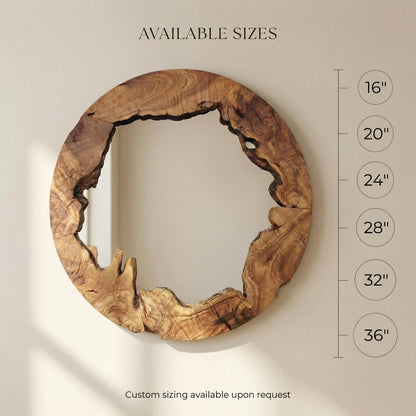 Live Edge Olive Wood Mirror - Round Rustic Wall Decor for Entryway & Bathroom, Solid Wood Circle Mirror, Organic Modern Farmhouse Aesthetic, Premium Natural Grain Decorative Accent, 16"