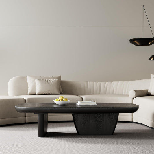 FHKJ Modern Wood Coffee Table for Living Room, 51.2" Black Rectangle Coffee Table with 2 Unique Legs, Center Table for Living Room Table Tea Table for Home Office