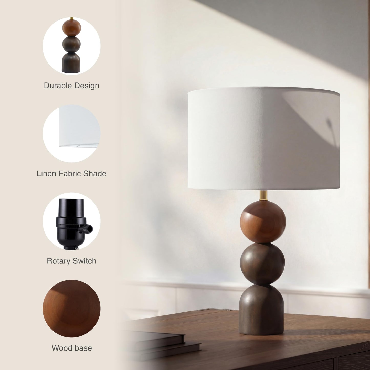 Abani Noa Stacked 23” Table Lamp – Brown Wood Base with White Linen Cylinder Shade, E26 2-Way Bulb Included – Modern Bedside Lamp for Bedroom, Living Room or Nightstand