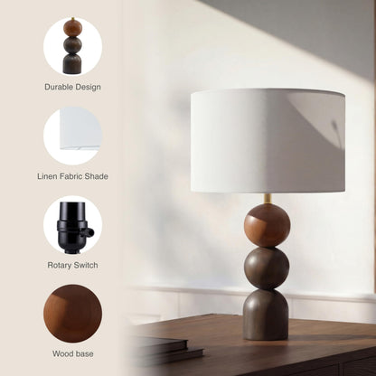 Abani Noa Stacked 23” Table Lamp – Brown Wood Base with White Linen Cylinder Shade, E26 2-Way Bulb Included – Modern Bedside Lamp for Bedroom, Living Room or Nightstand