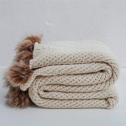 51" x 63" Knit Throw with Faux Fur Pom Poms