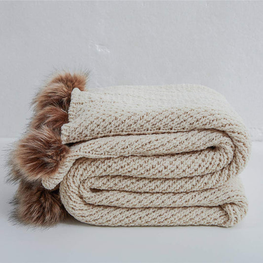 51" x 63" Knit Throw with Faux Fur Pom Poms