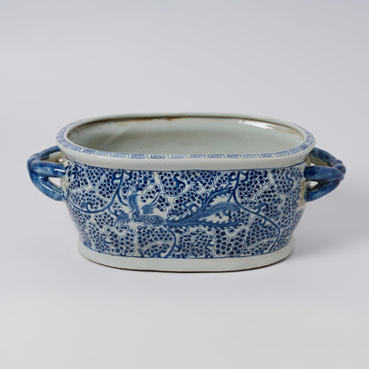 XIGGJYL JINDEZHEN Vintage Blue and White Flower & Birds Porcelain Footbath Planter Chinoiserie Scenery Motif Ceramic Flower Pot (Blue-77)