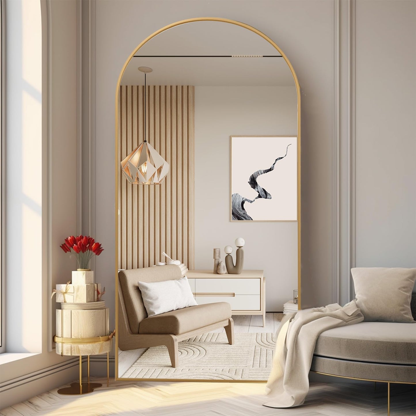 ZHUNFA Arched Full Length Mirror, 71x32 Oversized Floor Mirror with Stand