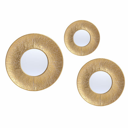 LuxenHome 3 Piece Gold Metal Round Wall Mirror Set Boho Wall Hanging Mounted Mirror,Rattan Mirror Suitable for Farmhouse, Living Room, Bedroom and Bathroom