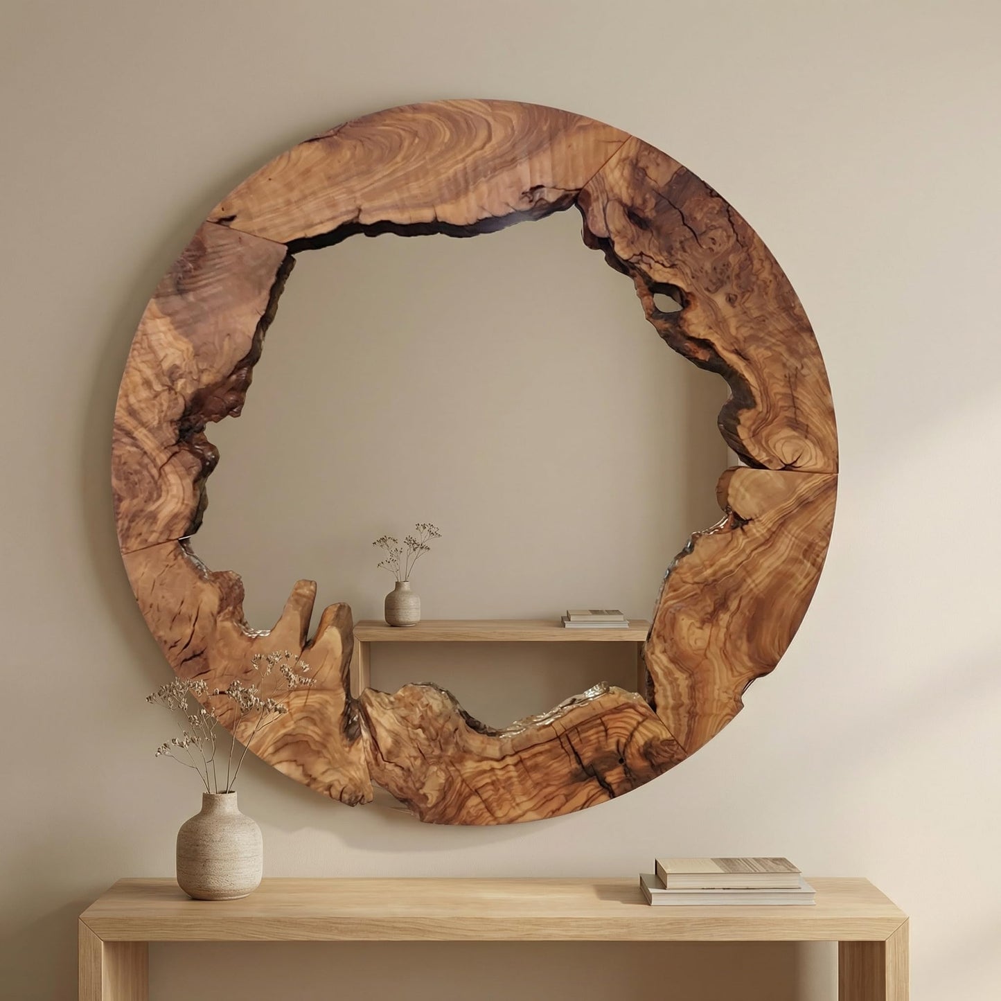 Live Edge Olive Wood Mirror - Round Rustic Wall Decor for Entryway & Bathroom, Solid Wood Circle Mirror, Organic Modern Farmhouse Aesthetic, Premium Natural Grain Decorative Accent, 16"