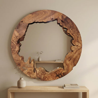 Live Edge Olive Wood Mirror - Round Rustic Wall Decor for Entryway & Bathroom, Solid Wood Circle Mirror, Organic Modern Farmhouse Aesthetic, Premium Natural Grain Decorative Accent, 16"