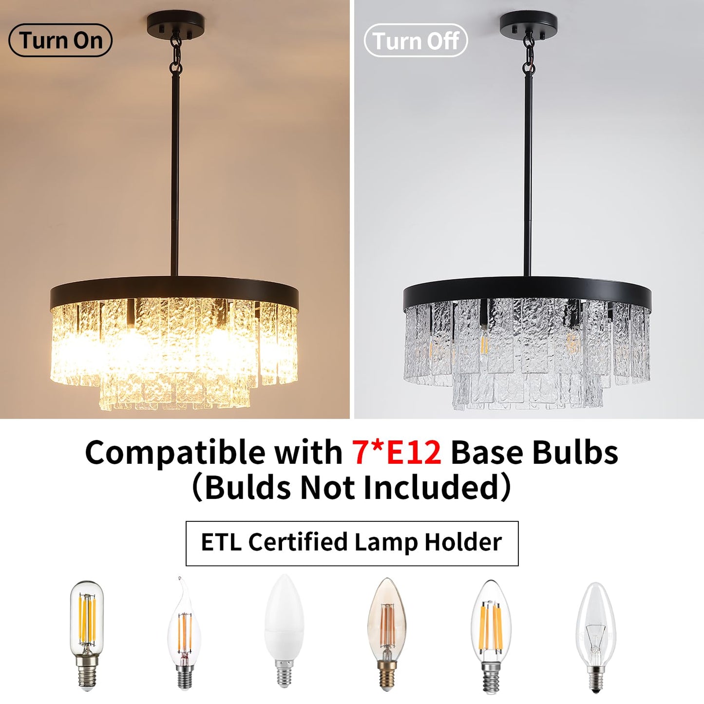 Black Modern Chandeliers for Dining Room Light Fixture, 7-light Large Chandelier Kitchen Light Fixture Over Table, Glass Drum Lighting Entryway Lights Fixture for Foyer Bedroom Hallway Living Room