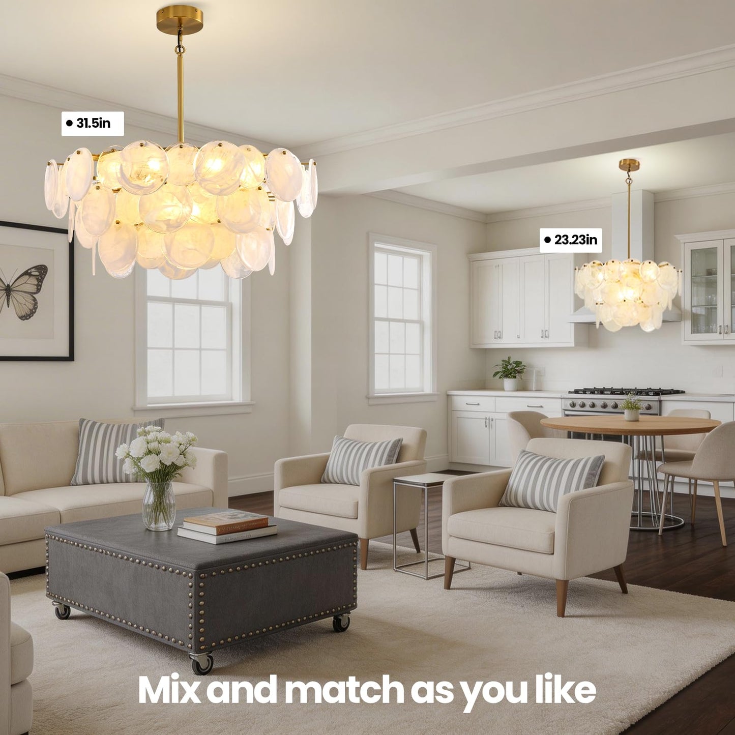 Large Gold Modern Glass Chandelier, 31.5-inch Round Adjustable Height Hanging Light Fixtures with Cloud Glass Shade, Luxury Hanging Fixture for Living Room, Foyer, Bedroom, E12 Base Crystal Lighting