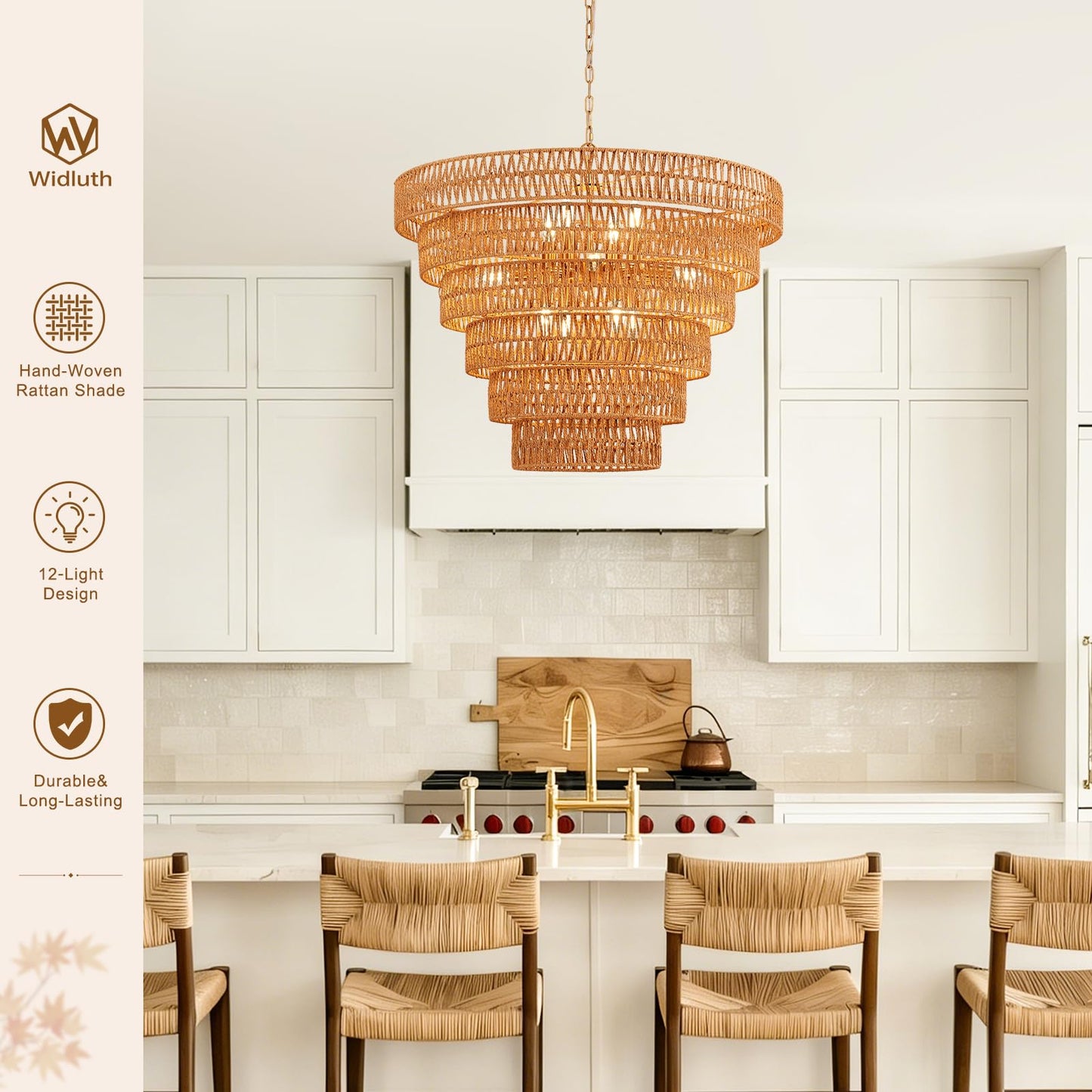 Widluth 31.5" Large Gold Rattan Chandelier, 12-Light Hand-Woven 6-Tier