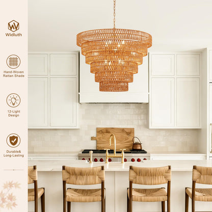 Widluth 31.5" Large Gold Rattan Chandelier, 12-Light Hand-Woven 6-Tier