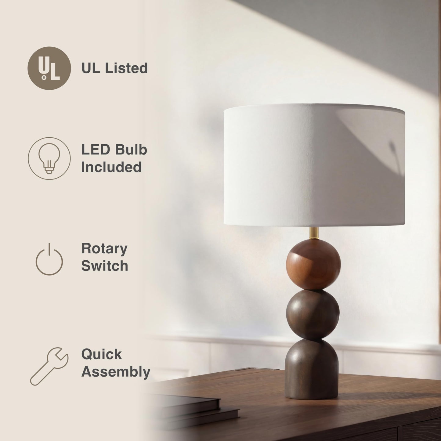 Abani Noa Stacked 23” Table Lamp – Brown Wood Base with White Linen Cylinder Shade, E26 2-Way Bulb Included – Modern Bedside Lamp for Bedroom, Living Room or Nightstand