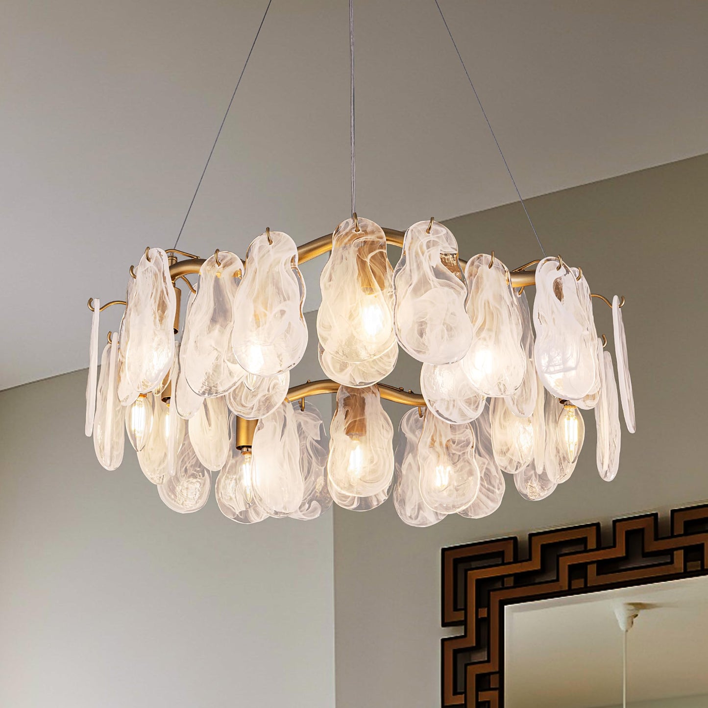 Wellmet Gold Crystal Chandelier 26",Modern Chandeliers for Dining Room, Hanging Glass Ceiling Light Fixture for Kitchen Island, Round Light Fixture for Living Room Bedroom Hallway