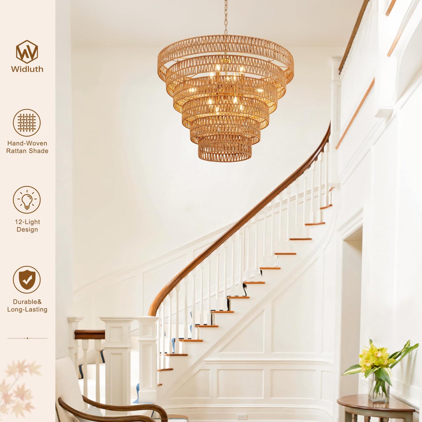 Widluth 31.5" Large Gold Rattan Chandelier, 12-Light Hand-Woven 6-Tier