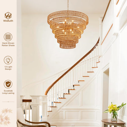 Widluth 31.5" Large Gold Rattan Chandelier, 12-Light Hand-Woven 6-Tier