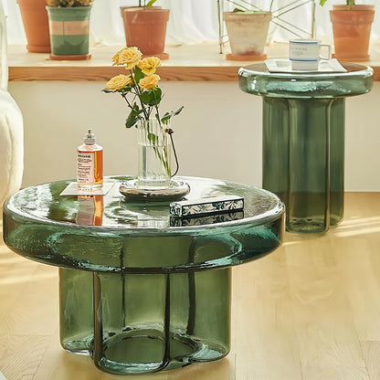 15" Round Hand-Blown Glass Accent Table, Green
