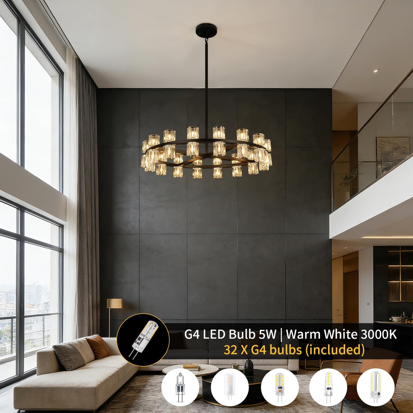 32-Lights Crystal Chandelier | Dia 33 Inch Round Chandeliers for Dining Room Over Table | Black Dining Room Light Fixture Apply to Living Room | Kitchen Island | Foyers | 32 X G4 bulbs (included)